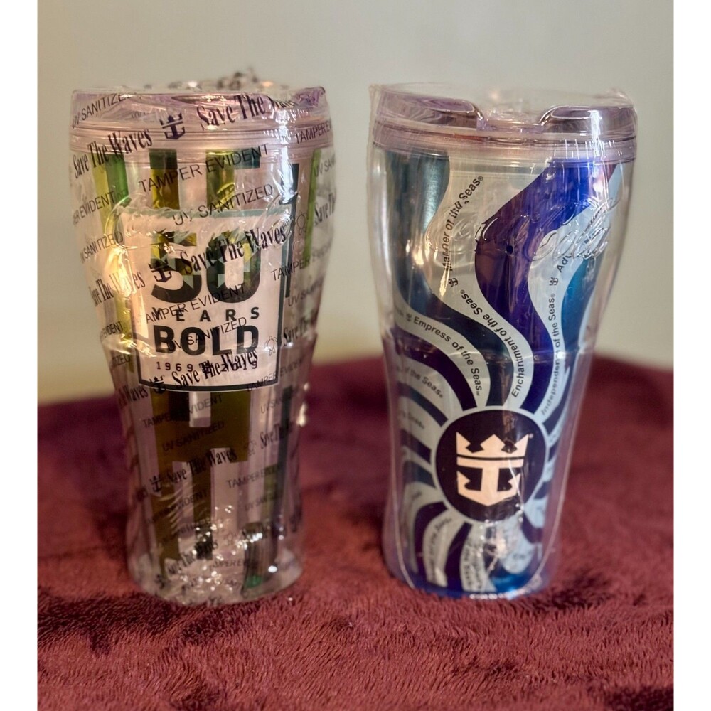 2 NEW Sealed Royal Caribbean Cruise Soda Package Beverage Cup Tumblers Souvenir